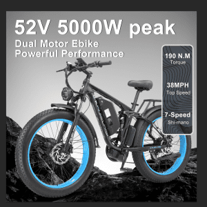 KAIJIELAISI V3 PRO Peak 5000W Dual Motor Electric Bike for Adult,26 Inch Fat Tire All Terrain Electric Bike with 52V 26AH 1352WH Removable Samsung Battery Long Range E Bike,Shimano 7Speed Electric Dirt Bikes for Men.Max speed 35MPH