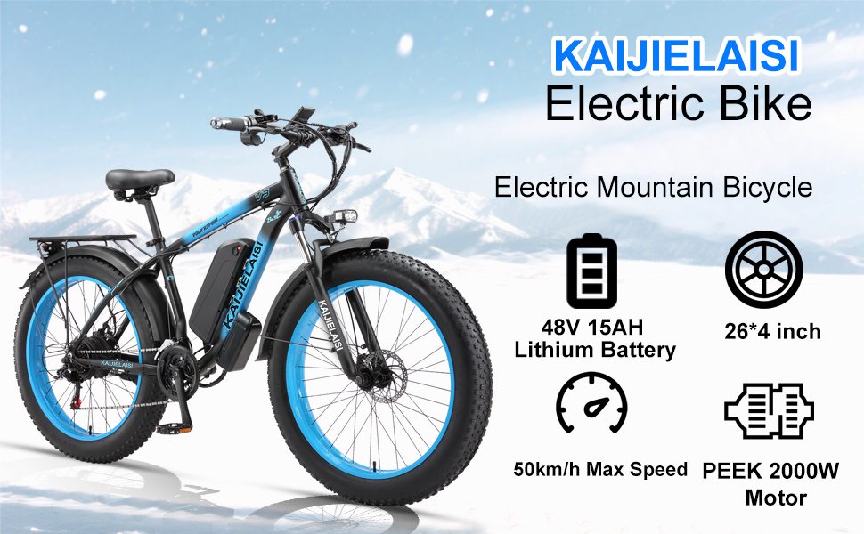 KAIJIELAISI V3 Electric Bike for Adults 26" Fat Tire 2000W Peak Rear Motor Electric Bicycle Samsung 48V 15AH 720WH Waterproof Removable Battery Mountain Snow Beach Ebike Shimano 28MPH 21 Speed E-Bike - Image 4