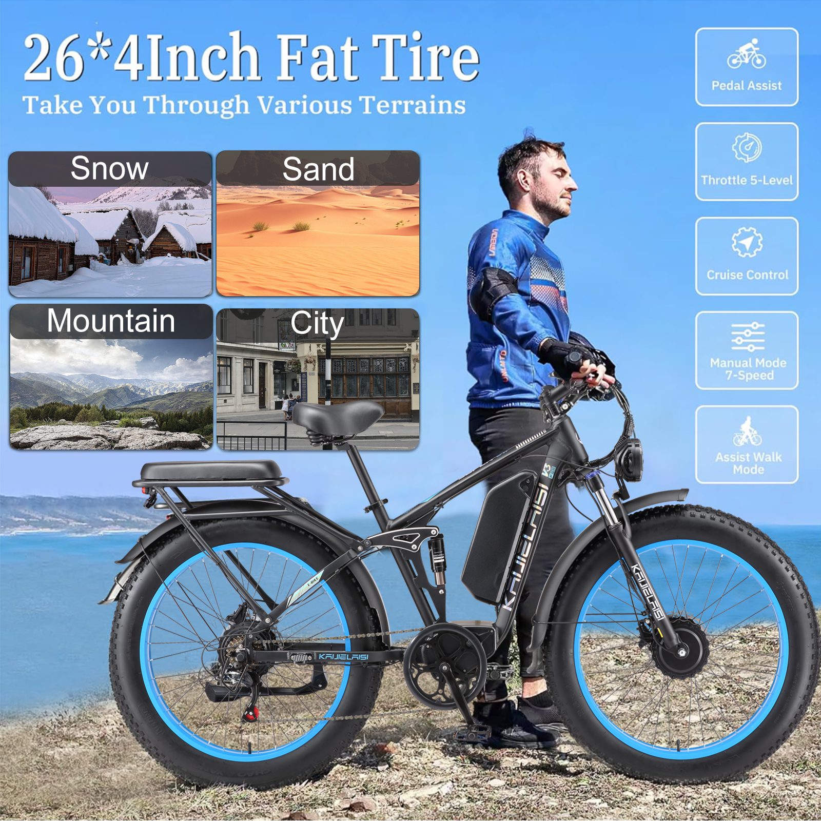 KAIJIELAISI V3 Pro 6000W Peak Electric Bike for Adults, 38MPH 26” Fat Tire Dirtbike, AWD Ebike Dual Motor, 52V 26AH Removable Battery Fast Dual Hydraulic Brake Electric Mountain Bike Full Suspension Ebikes - Image 6